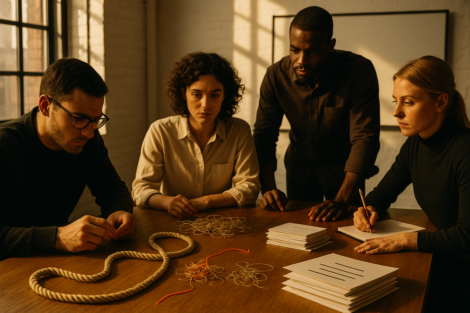Group of focused people around a wooden table with abstract symbols and warm lighting.