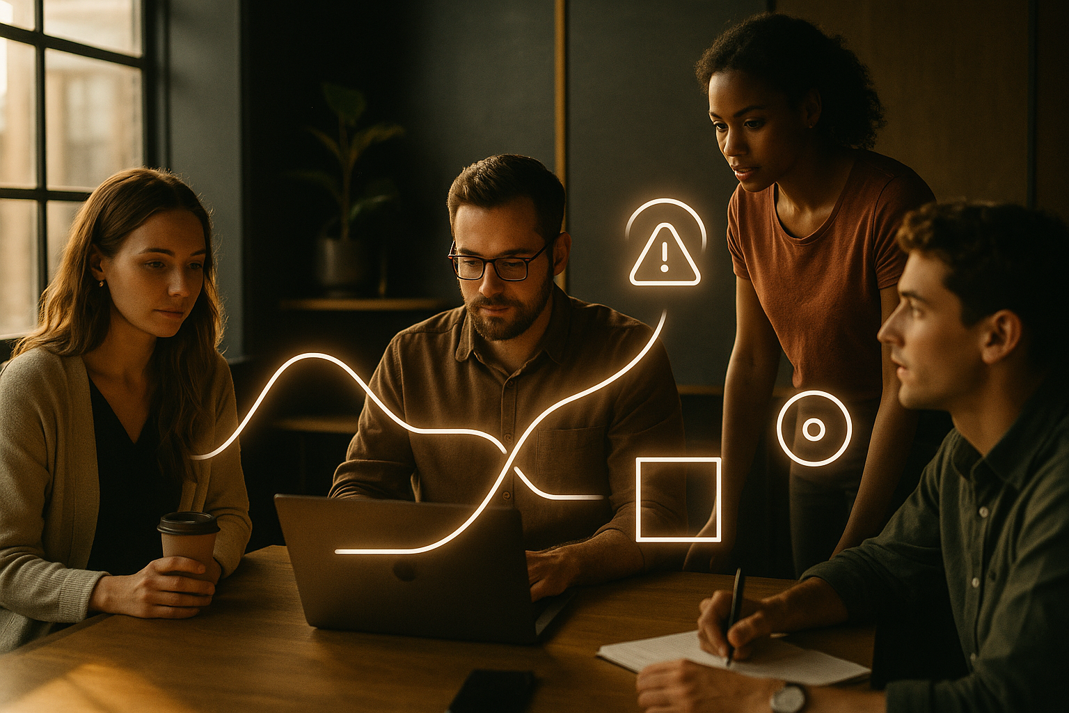Group of focused professionals in a modern loft with glowing lines symbolizing automated alerts.