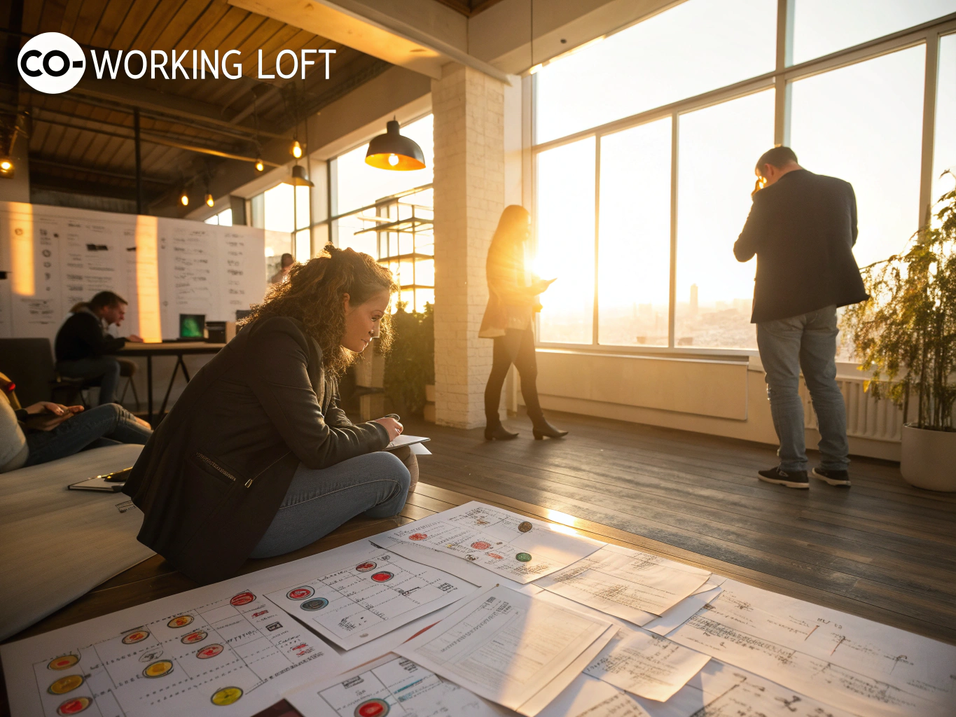 Group of focused professionals in a modern loft with layered translucent papers and strategic diagrams.