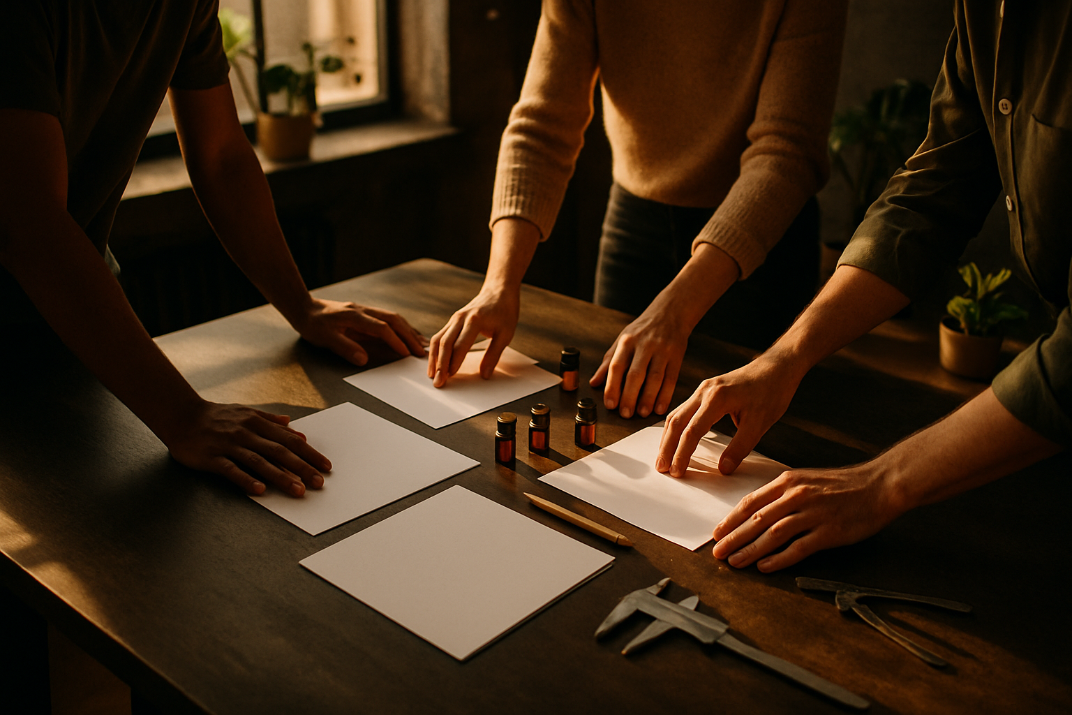 Group of hands arranging papers and tools in a modern, well-lit co-working loft.