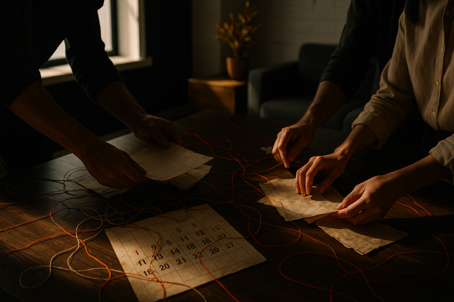 Group of hands sorting worn papers amid tangled strings and a marked calendar in a modern loft.
