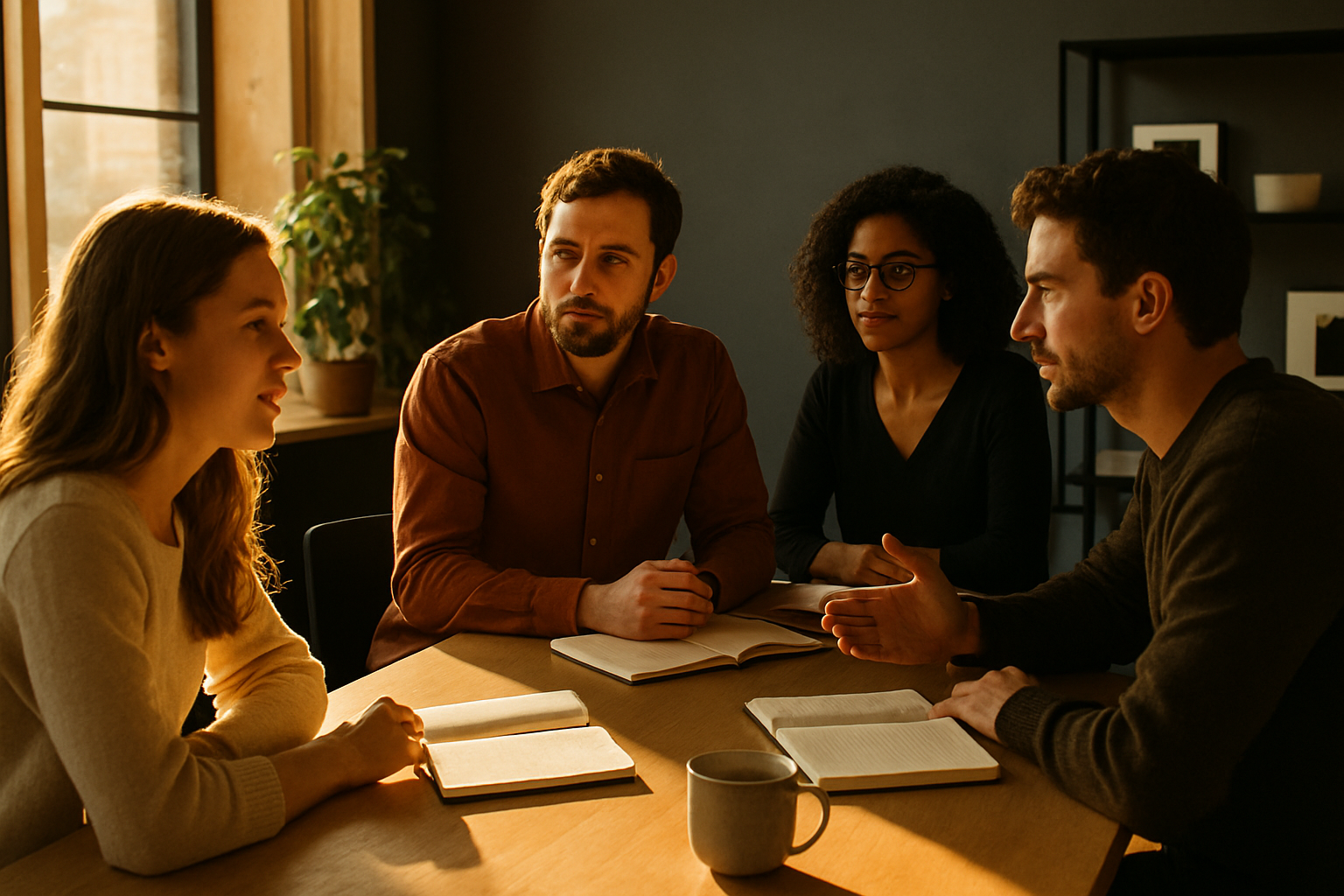 Group of people discussing around a table in a modern loft with warm, natural lighting.