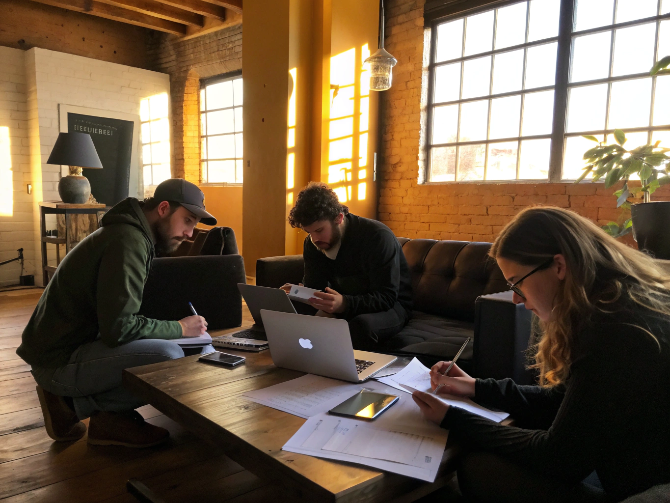 Group of people working amid scattered papers and digital devices in a modern loft.