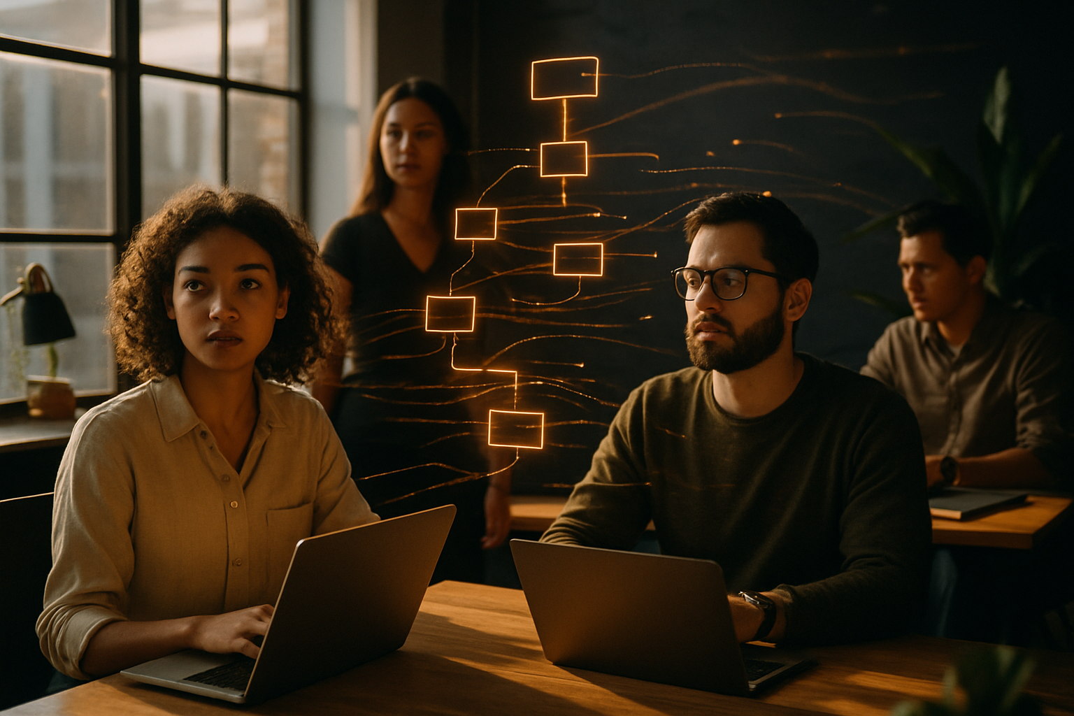 Group of people working with glowing digital interfaces in a modern, sunlit co-working loft.