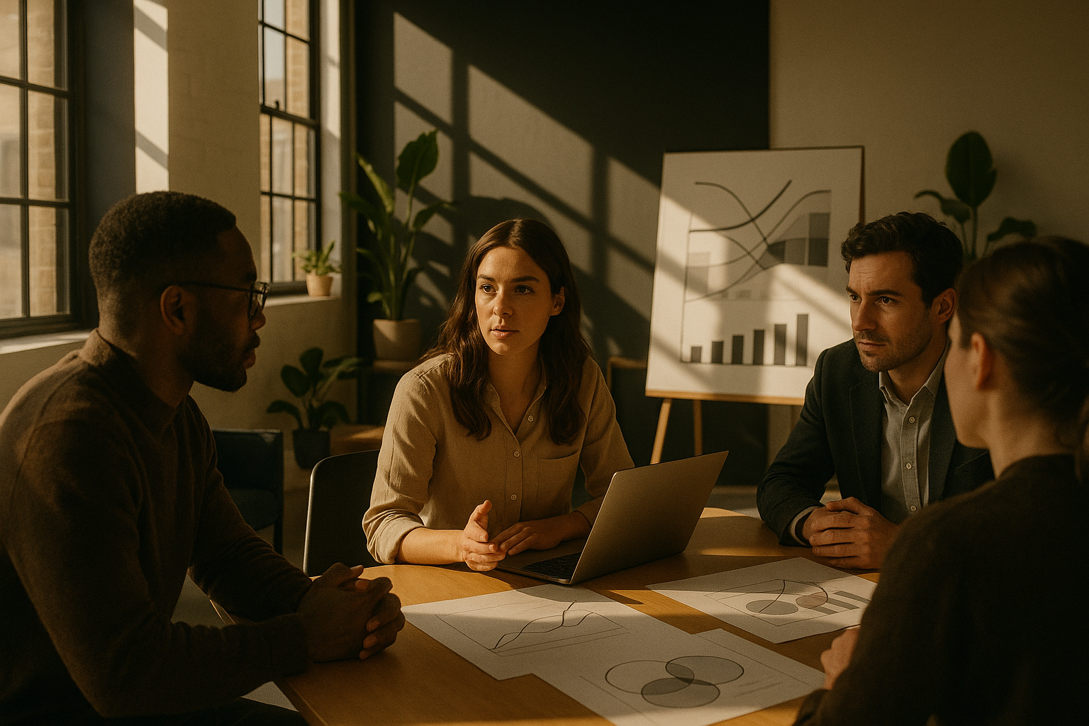 Group of professionals discussing strategies in a modern, well-lit co-working loft with abstract visual elements.
