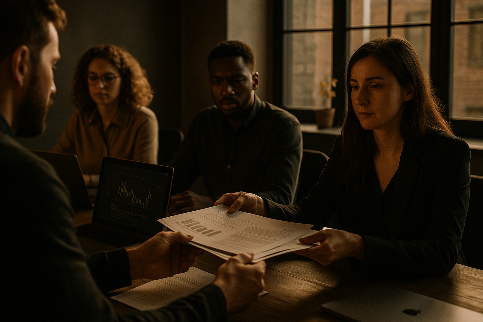 Group of professionals exchanging documents and reviewing data in a modern, softly lit co-working space.