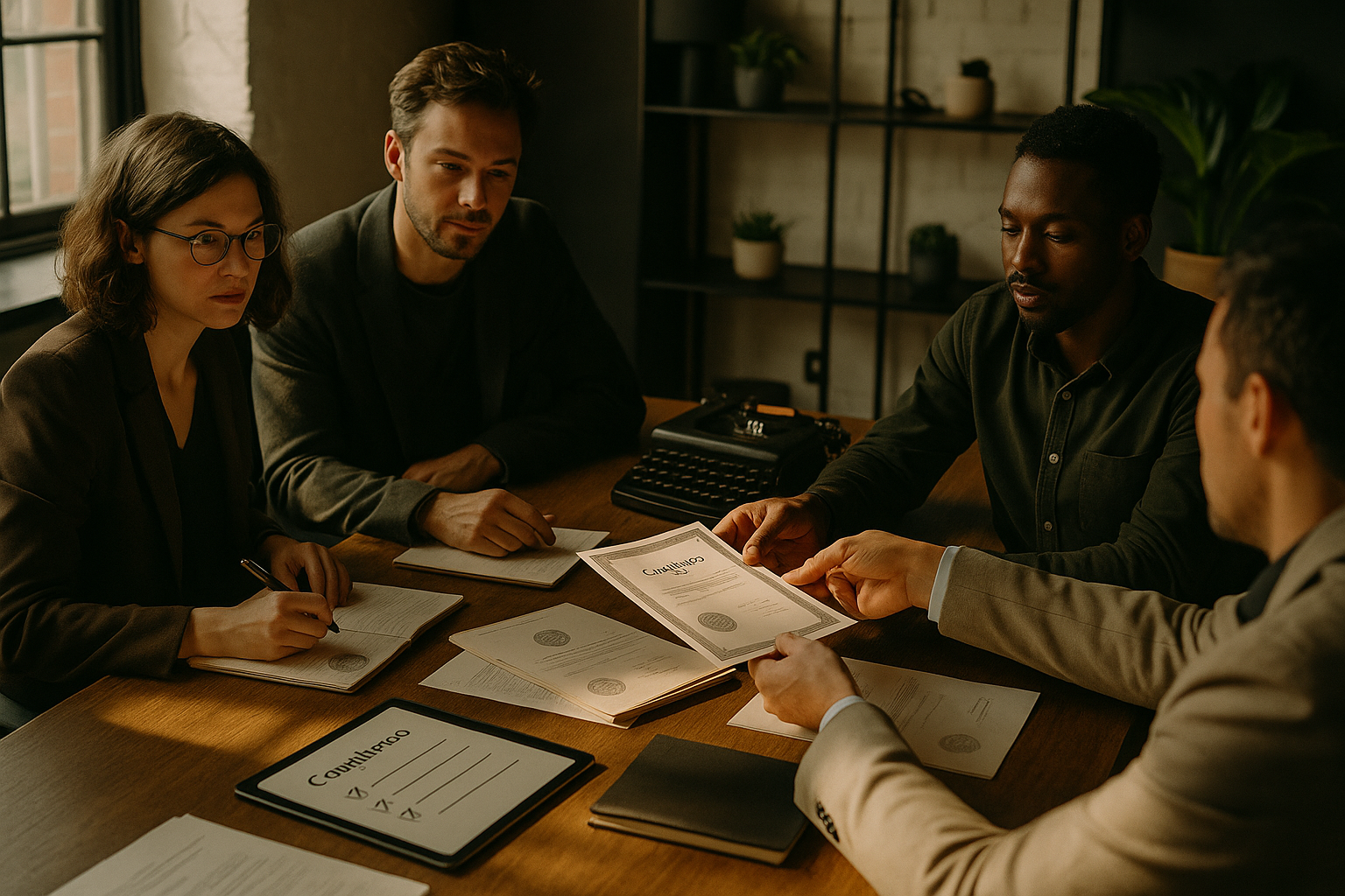 Group of professionals exchanging stamped documents in a modern, well-lit loft setting.