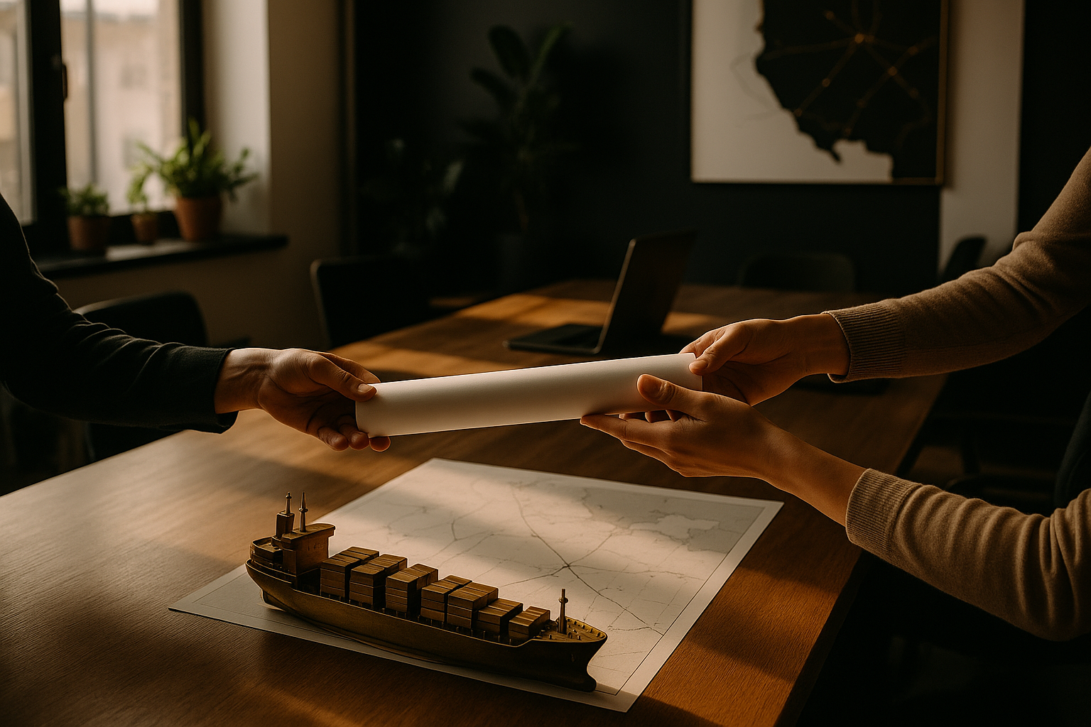 Hands exchanging documents near a cargo ship model and map in a modern loft setting.
