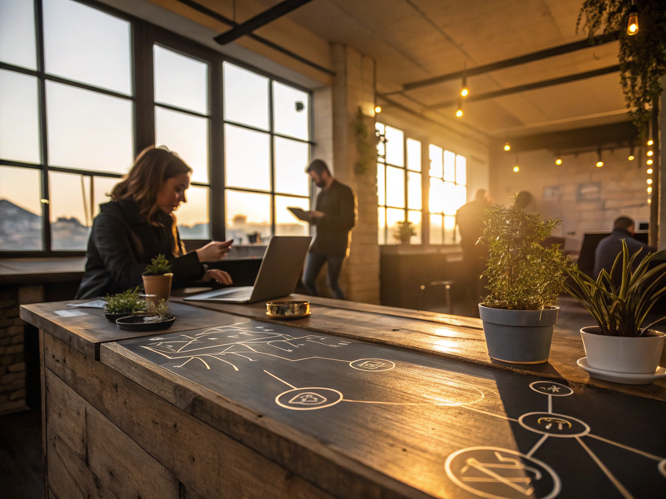 Hands gesturing over a sleek workspace with digital symbols in a warm, minimalist loft.