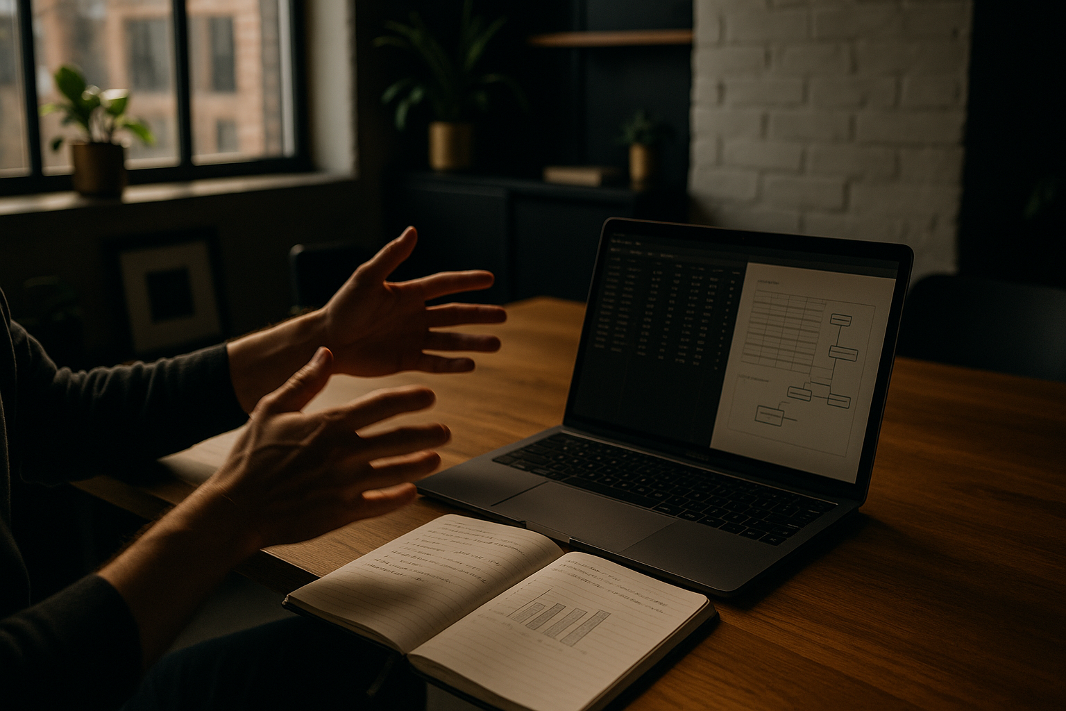 Hands gesturing over notebook and laptop in modern, sunlit co-working loft with charts and notes.