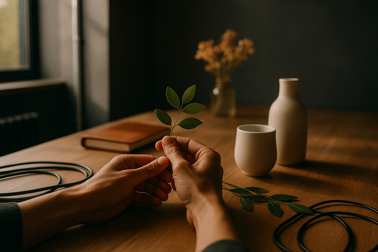Hands holding green leaves near cables and vessels in a modern loft setting.