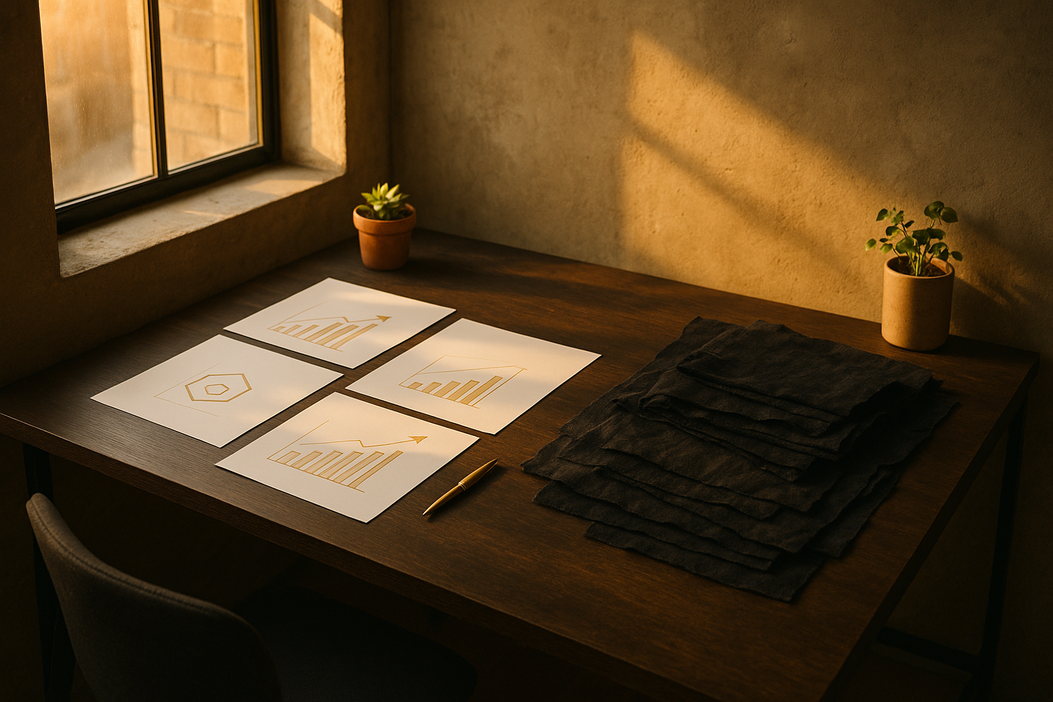 Minimalist loft workspace with balanced zones of white papers and dark fabrics, accented by plants and gold.