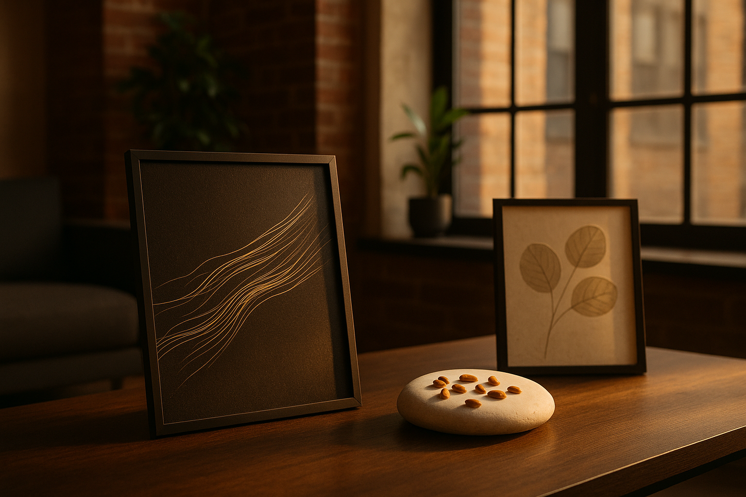 Serene loft with golden threads, amber seeds, and translucent leaves reflecting warm afternoon light.