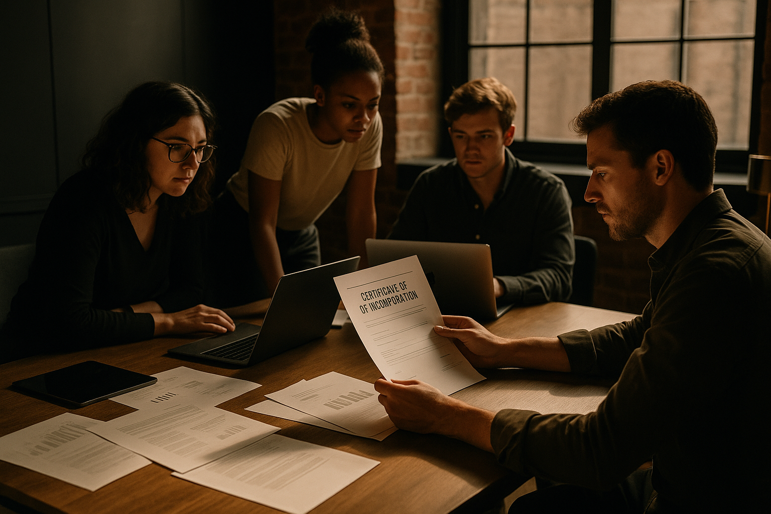 Team around table with papers and screens, focusing on document in modern loft setting.