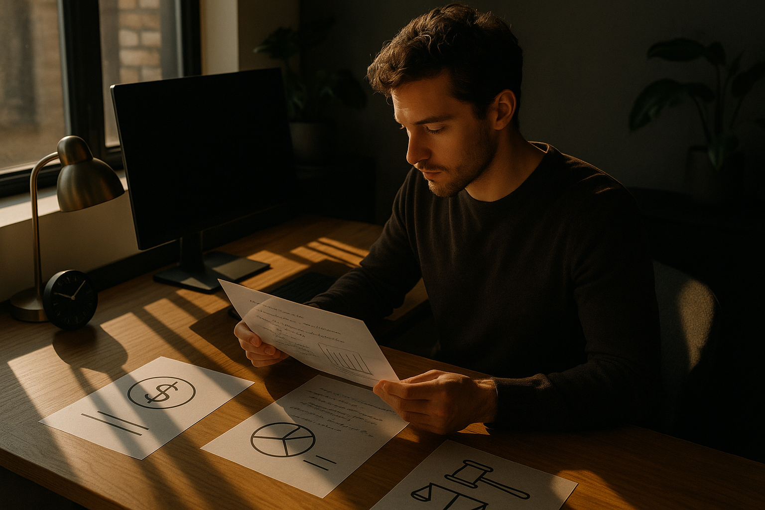 Thoughtful person reviewing handwritten notes and charts at modern home workspace.