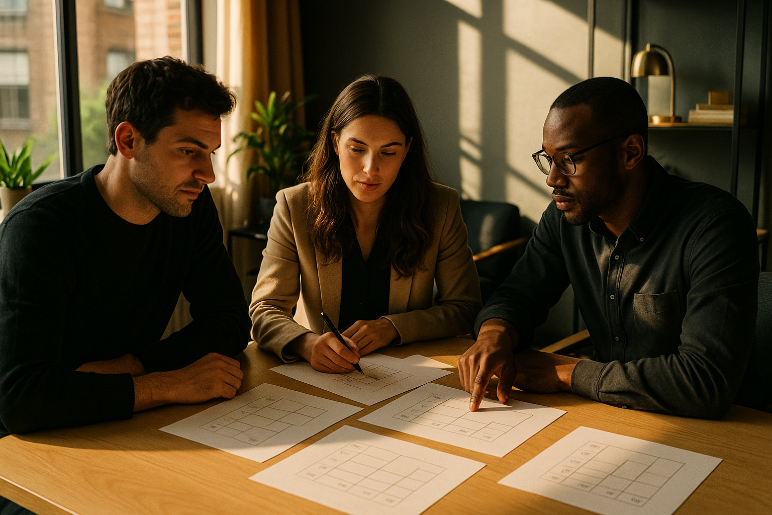 Three focused professionals discuss layered discount strategies in a modern loft workspace.