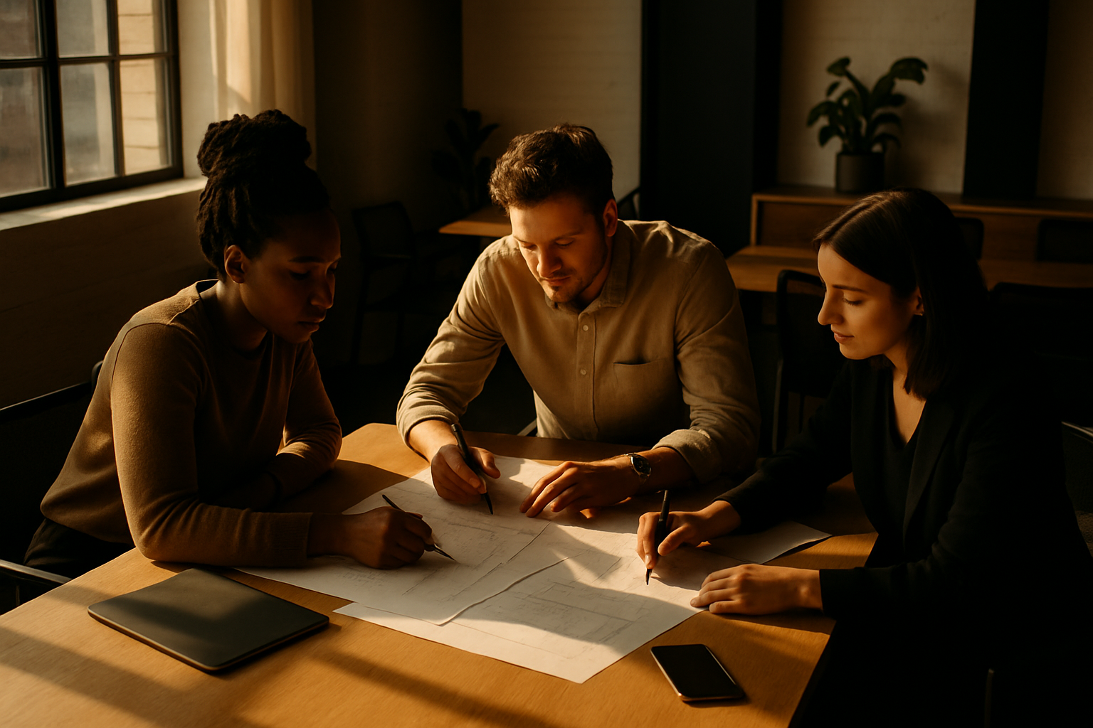 Three people collaborating over papers and digital devices in a modern, warmly lit loft.