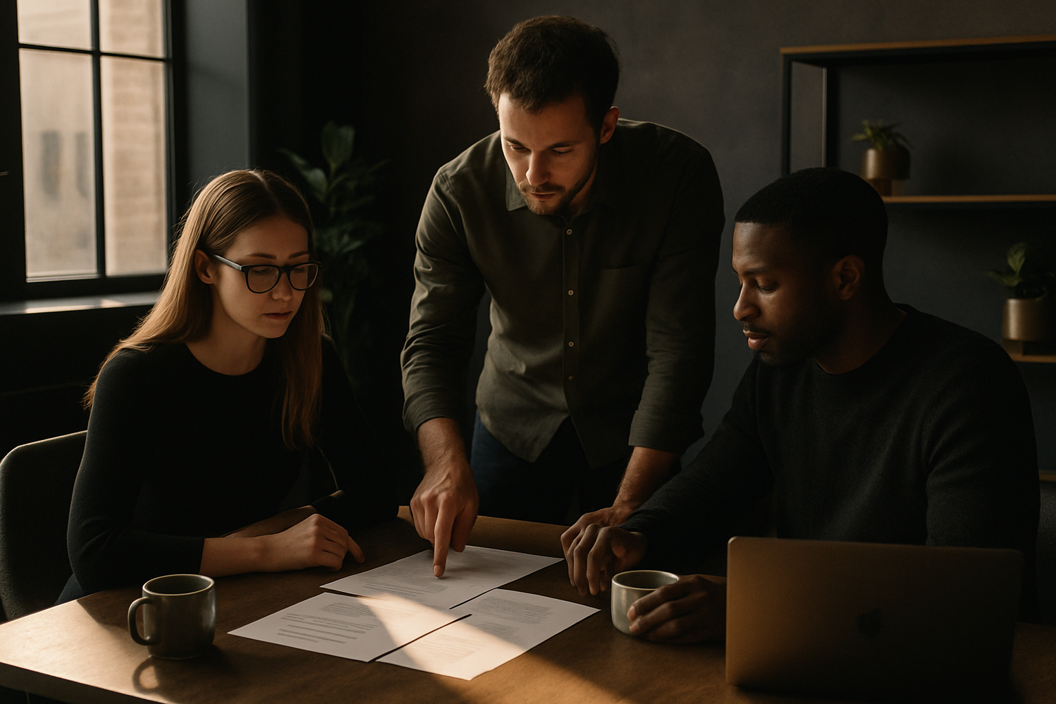 Three people discussing papers and laptop in a modern, warmly lit co-working loft.