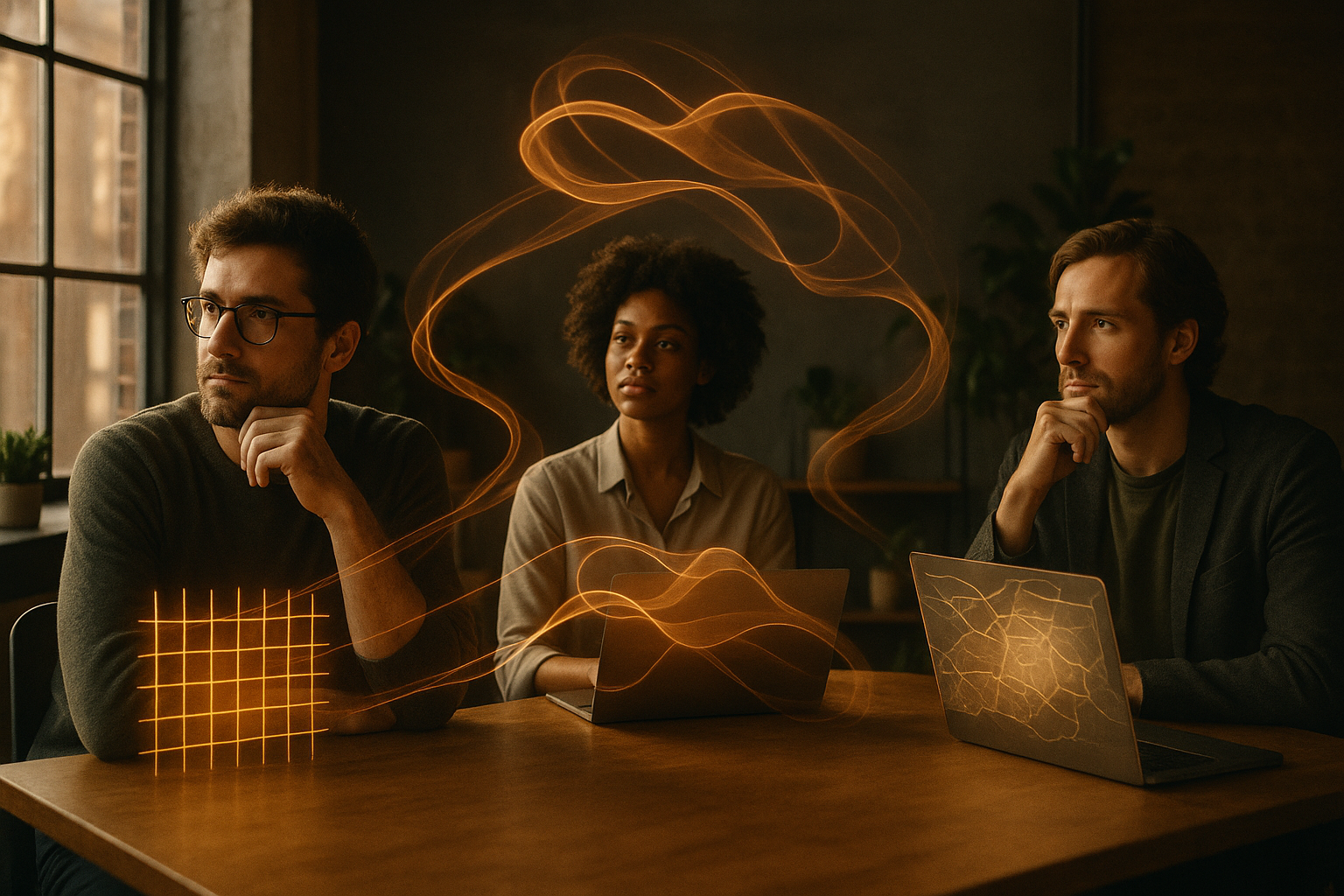 Trio of professionals in a modern loft with abstract light pathways and warm, earthy tones.