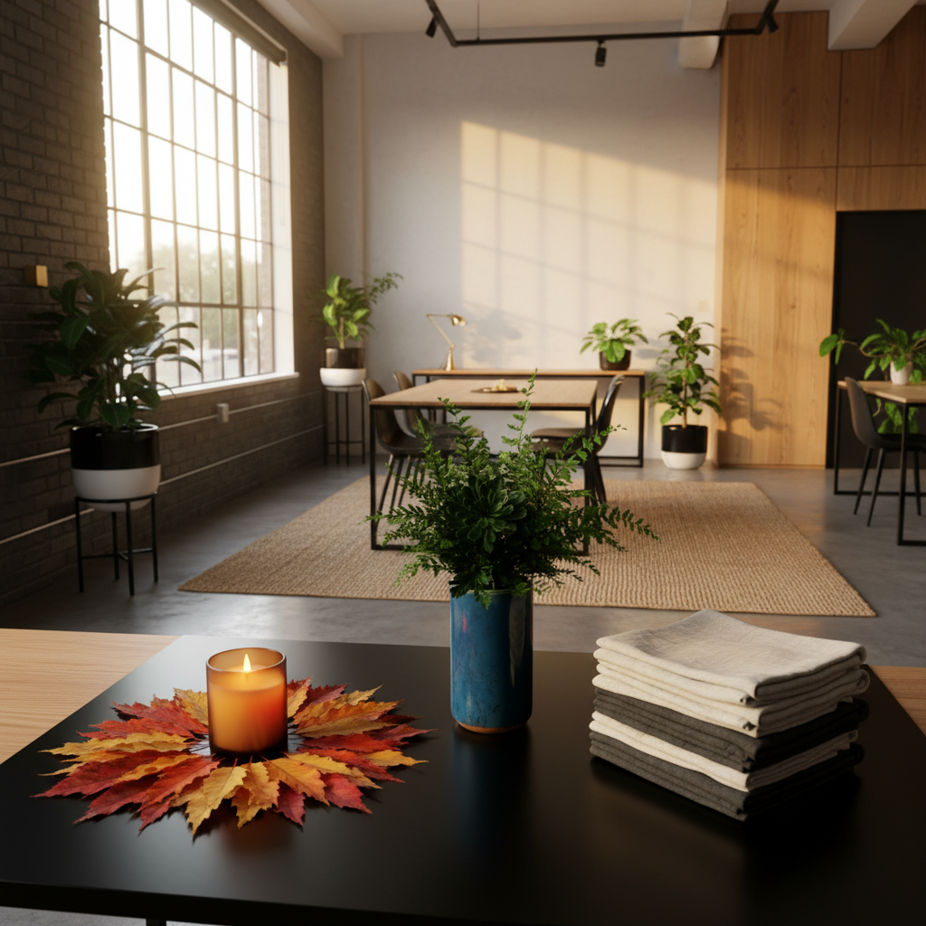 Candid co-working loft with autumn leaves, candle, blue vase, and linen fabrics in warm light.