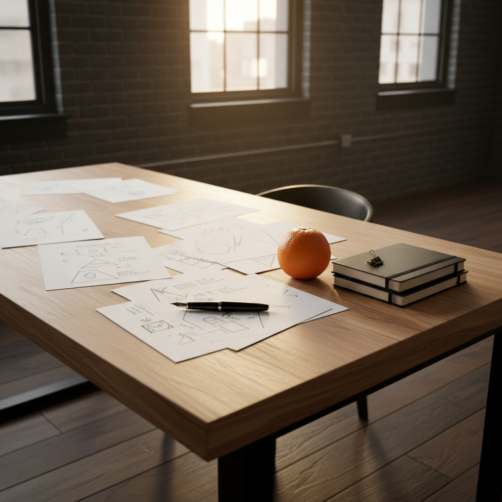 Candid workspace with handwritten notes, orange, black notebooks, and gold paperclip in warm light