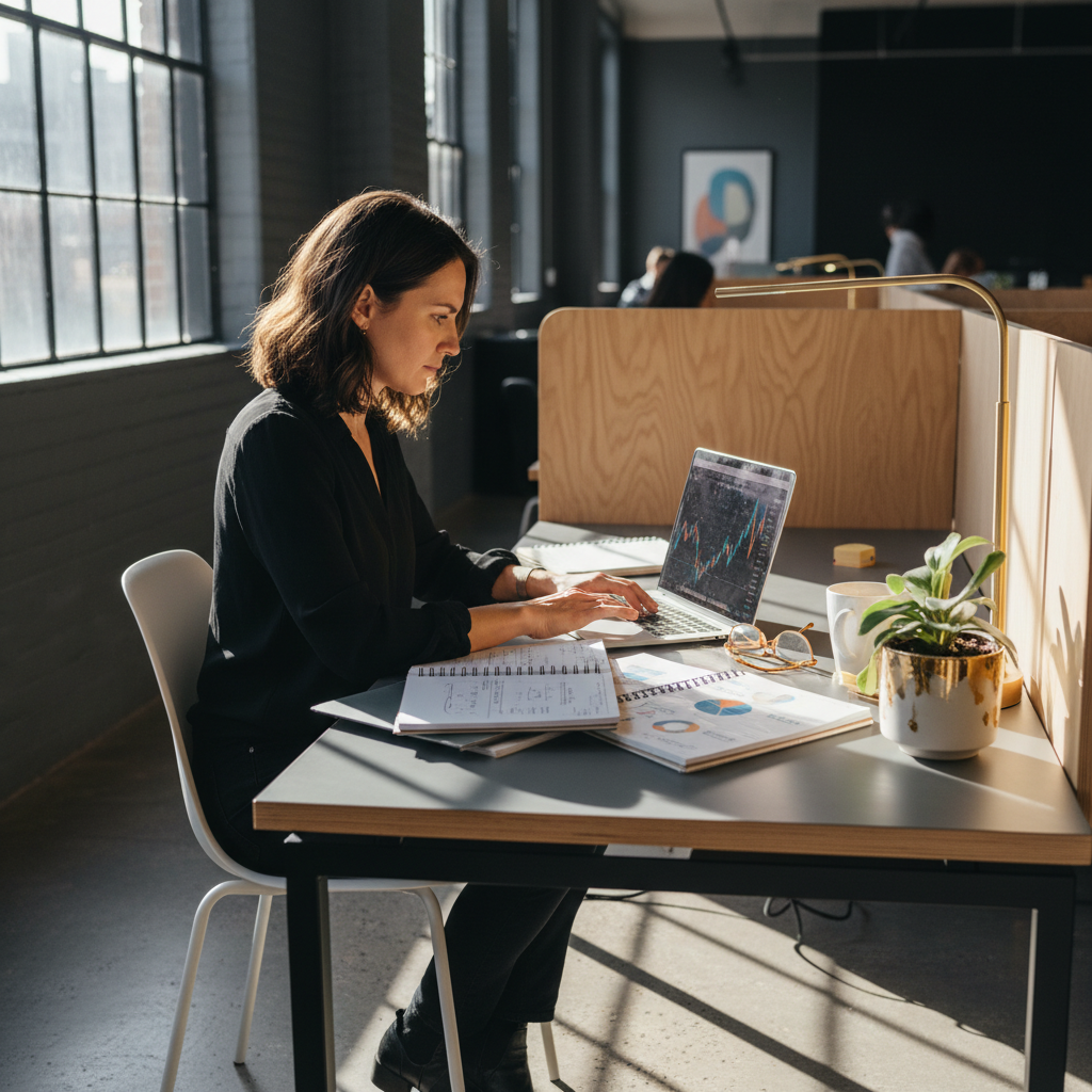 Focused entrepreneur analyzing data at a minimal desk with notebooks, laptop, and warm accents.