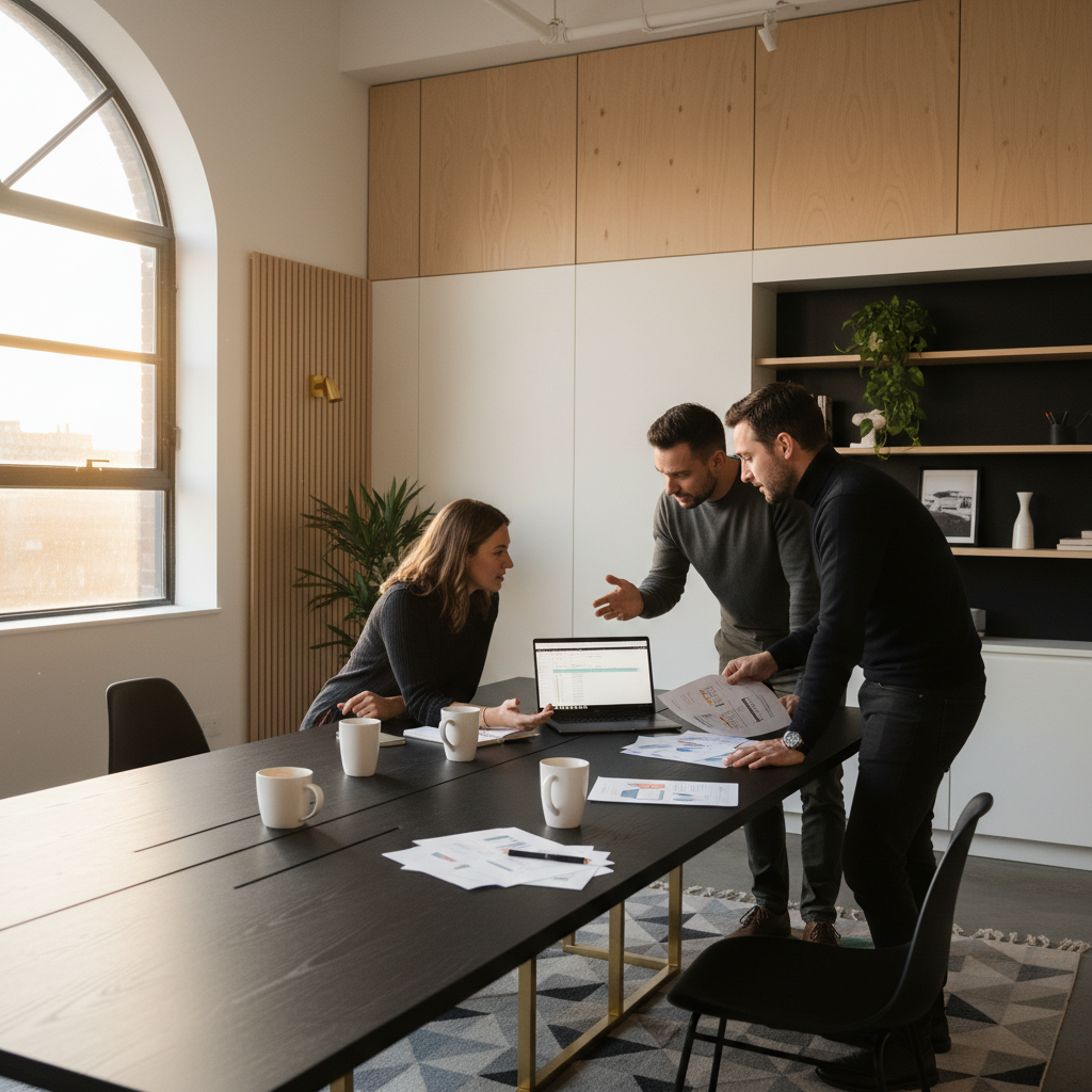 Focused individuals discussing at a minimalist desk in a modern loft with warm, natural lighting.