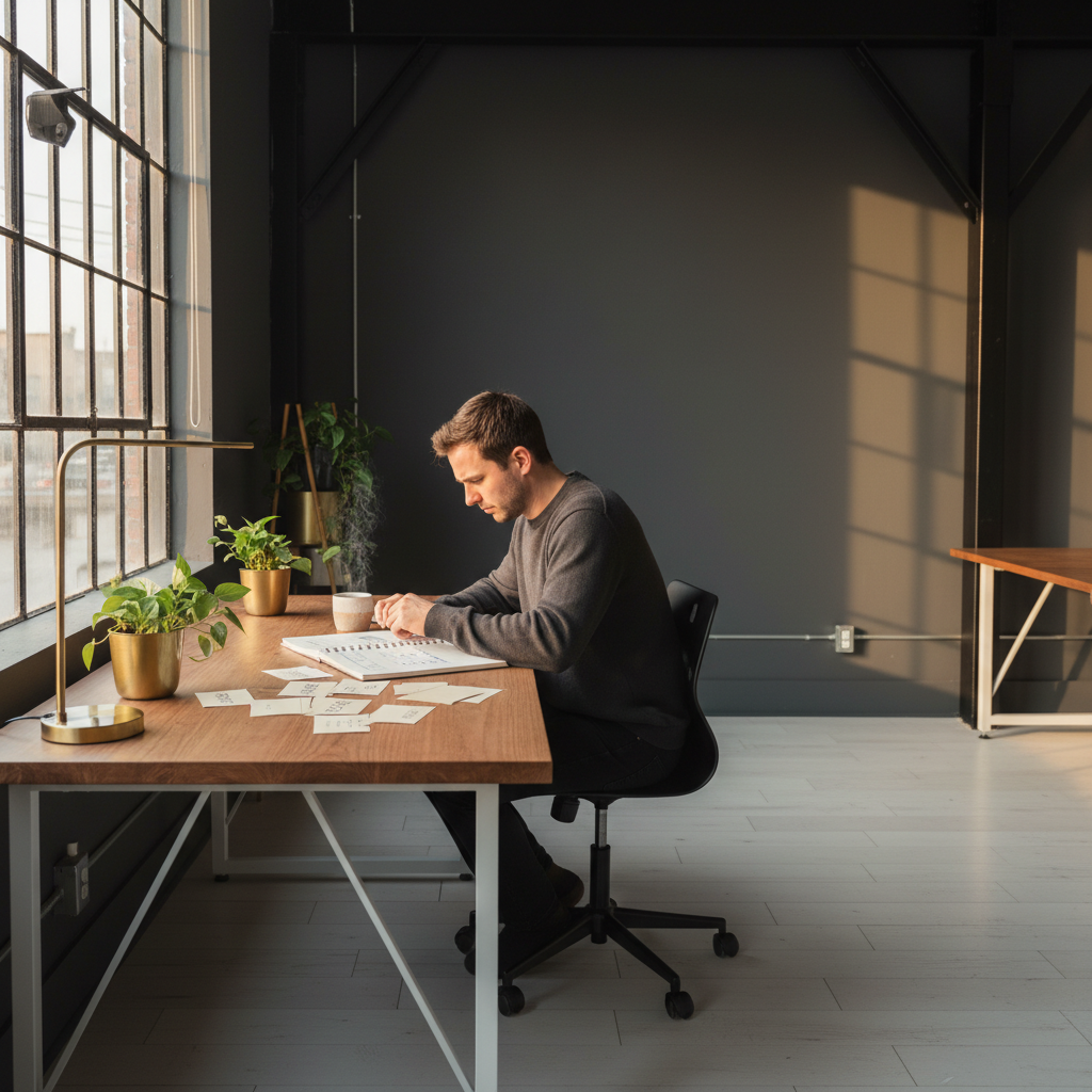 Focused person at minimalist desk with notebooks, coffee, and index cards in modern loft.