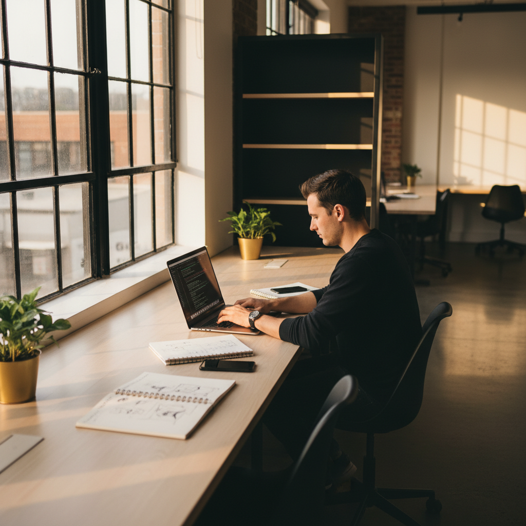 Seller researching ASINs on a laptop in a modern loft workspace.