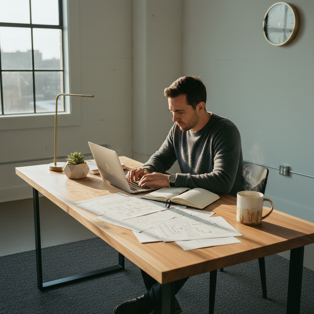 Focused person working at a modern desk with notebooks, laptop, and notes in a stylish loft.