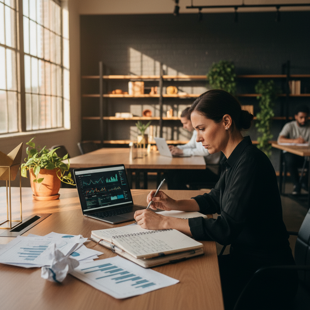 Focused professional analyzing charts at desk in modern, sunlit co-working loft.