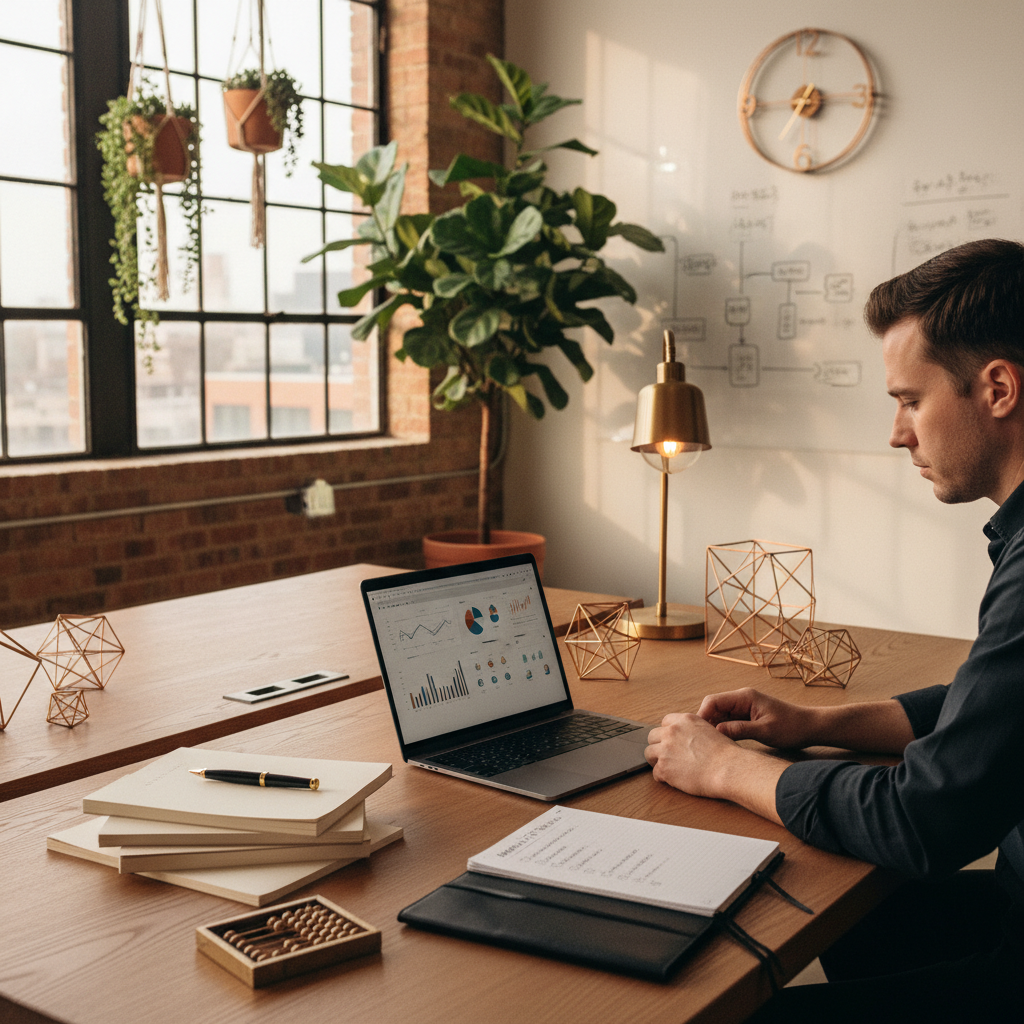 Focused professional at wooden desk with laptop, notebooks, and plants in warm, modern loft.