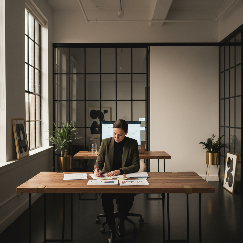 Focused professional reviewing printed charts in modern loft with data on laptop screen in background.