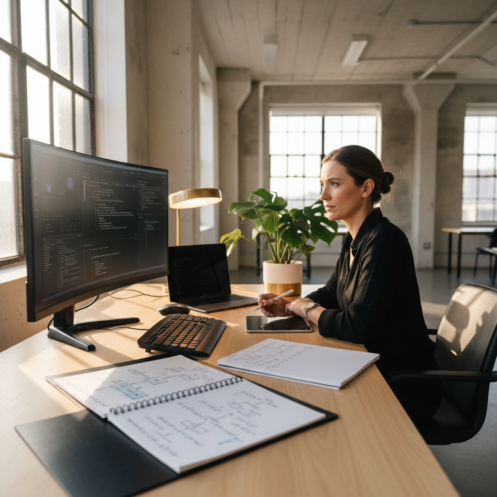 Focused professional working at a modern desk with tech tools, notebooks, and warm lighting.