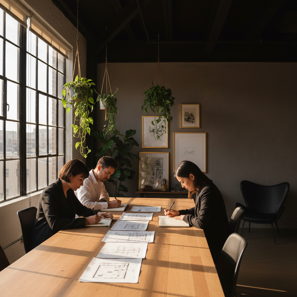 Group of professionals discussing architectural sketches in a modern, well-lit co-working space.
