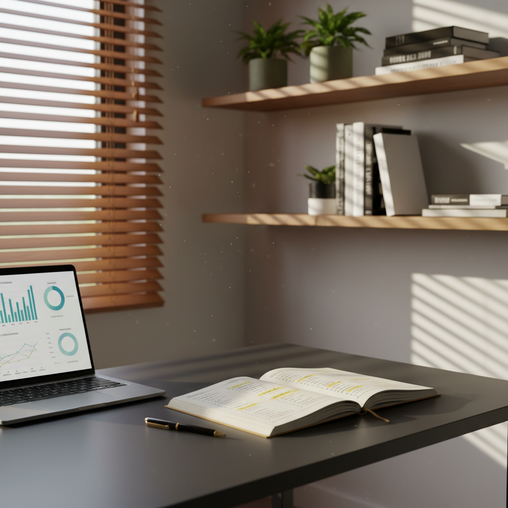 Sunlit home office with notebook, laptop, plants, and books in warm, shadowed setting.