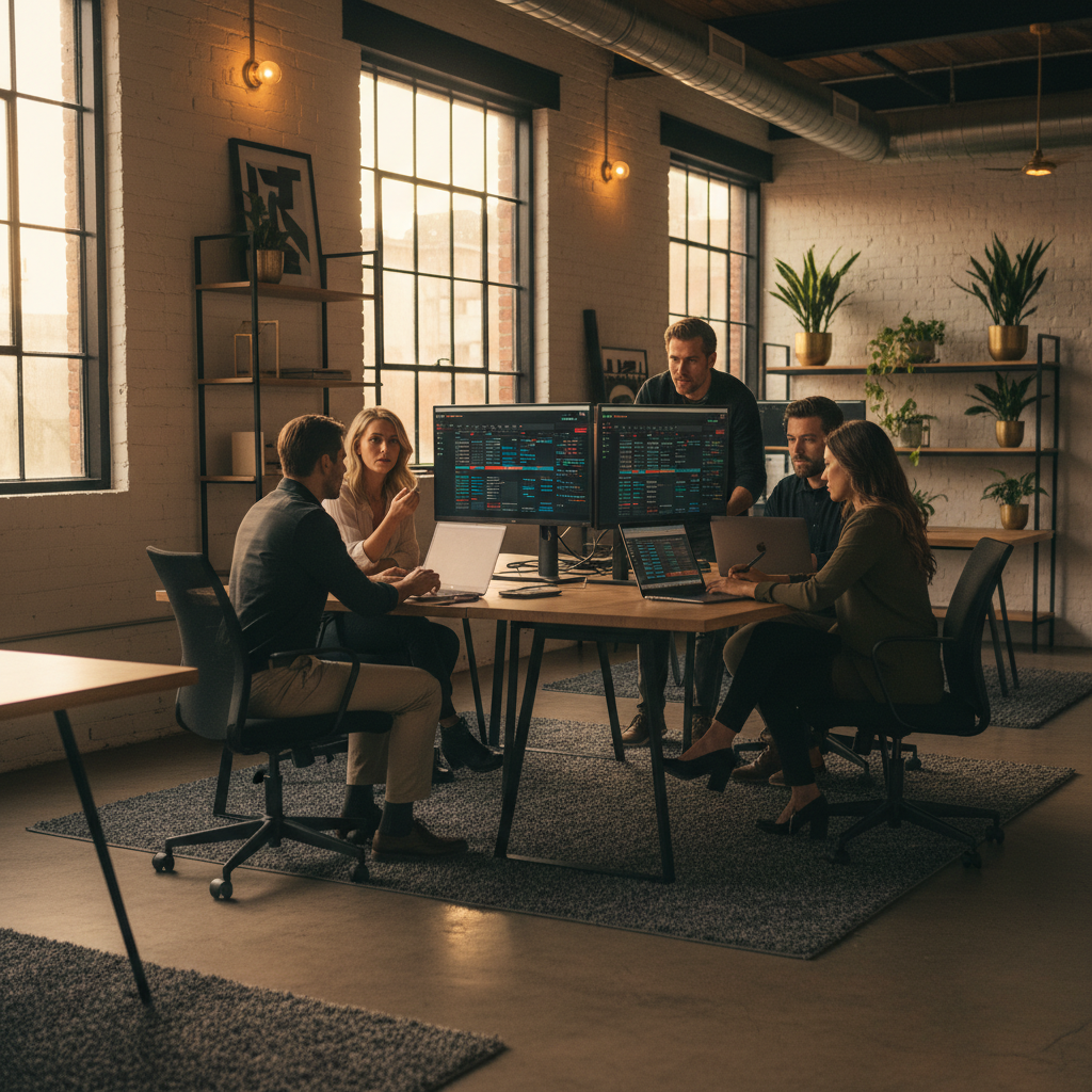 Team analyzing spreadsheets and dashboards in a modern, warmly lit co-working loft.