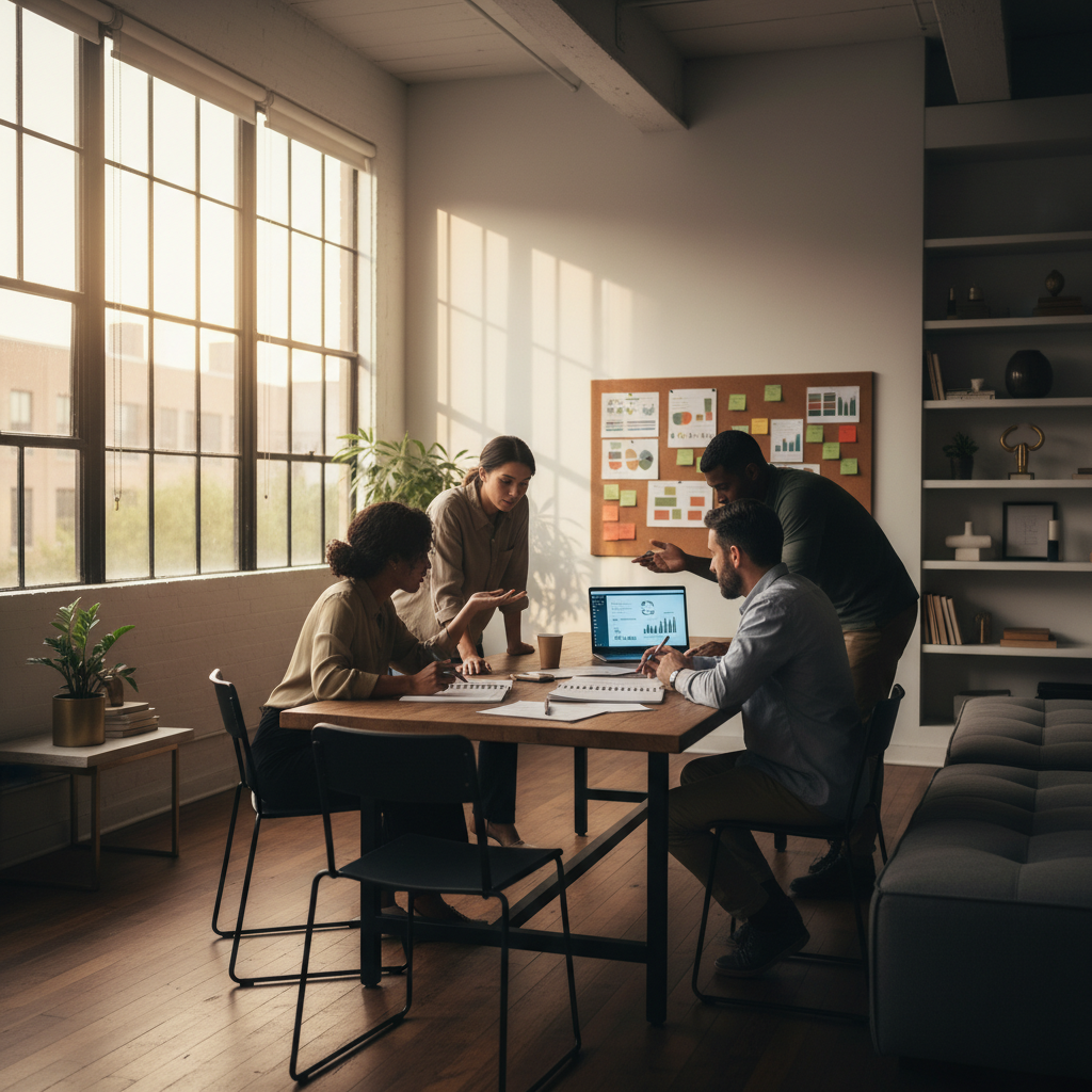 Team collaborating over notebooks, charts, and laptop in modern, warmly lit loft space.