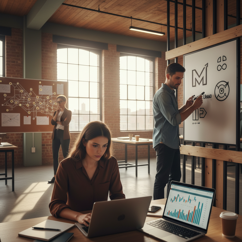 Three professionals analyze charts, sketch logos, and review network maps in a bright co-working loft.