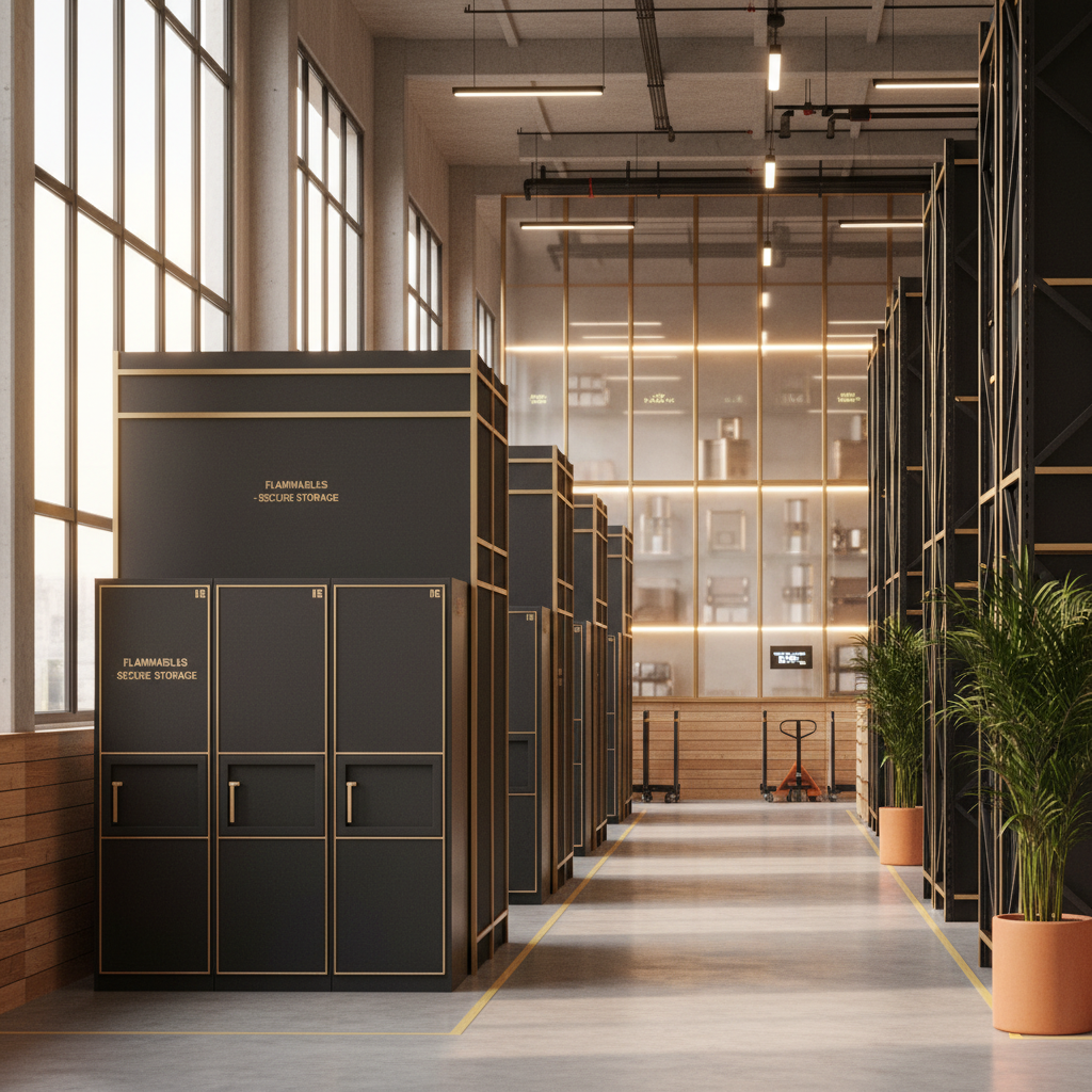 Bright modern warehouse interior with organized zones, sleek shelving, natural light, and warm accents.