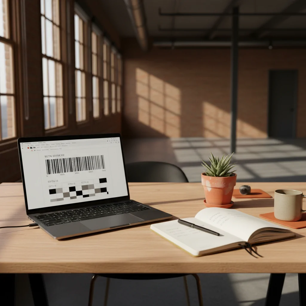 Candid workspace with laptop, notebook, pen, plant, and red-orange accents in warm loft lighting.