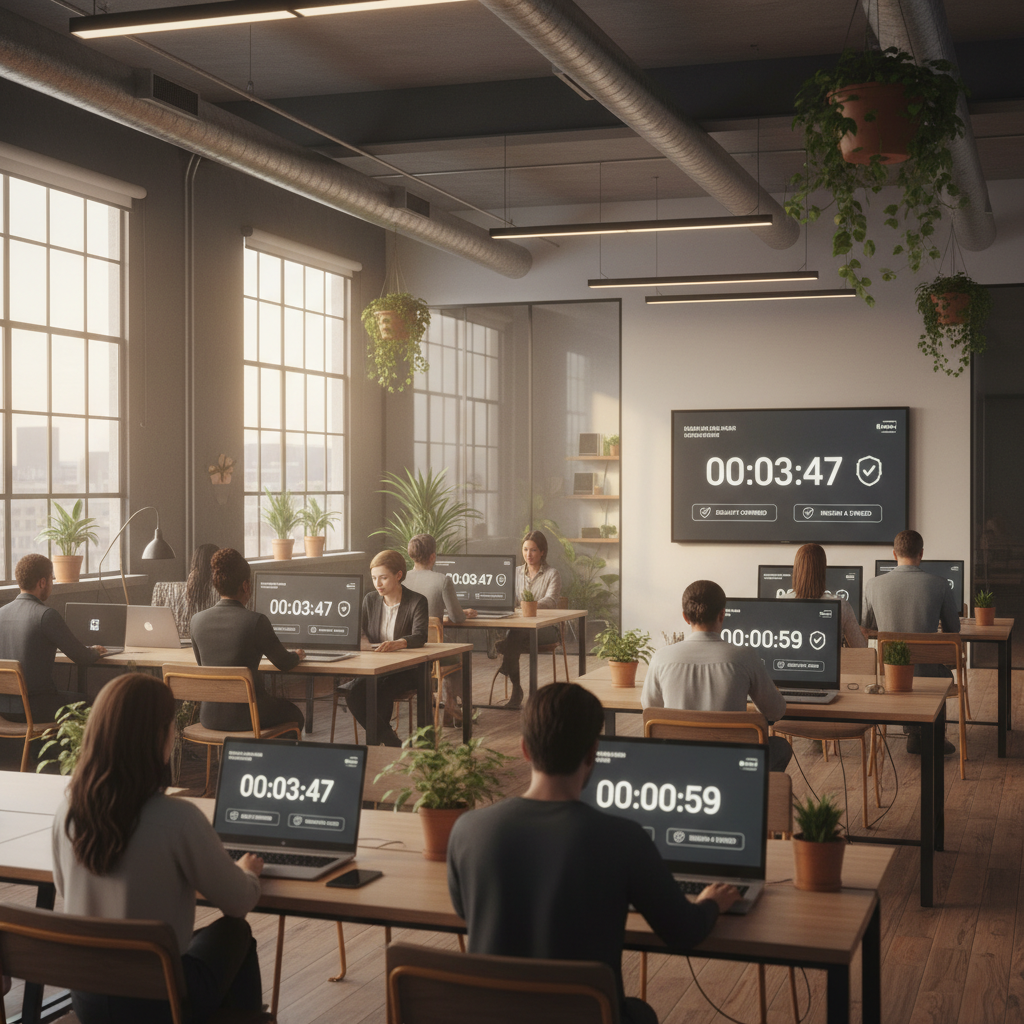 Diverse people working in a modern loft with digital screens showing countdowns and delivery badges.