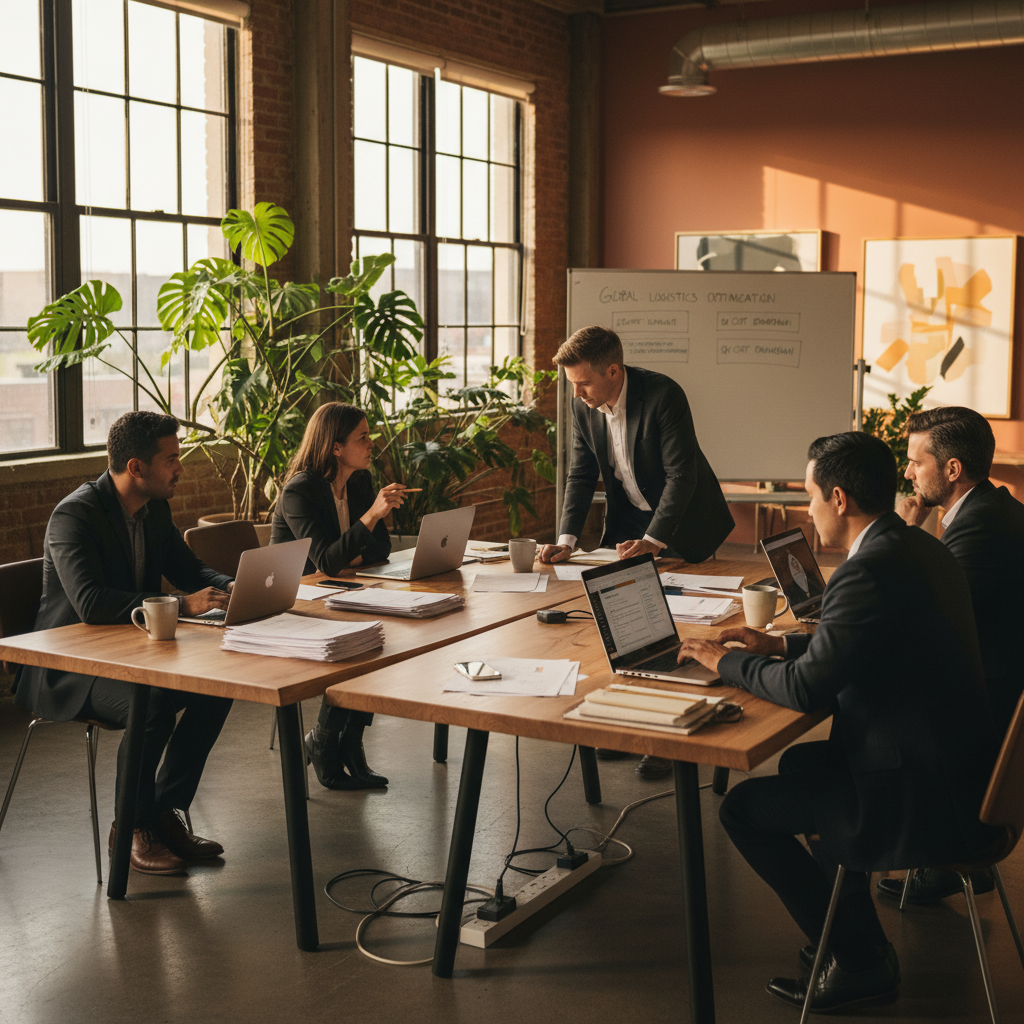 Diverse professionals collaborating over laptops and documents in a sunlit, modern co-working loft.