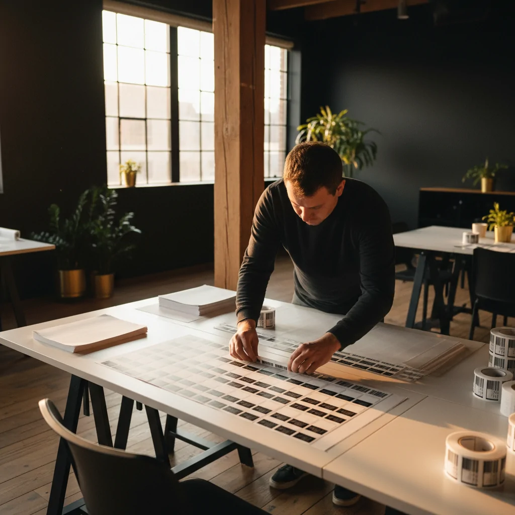 Focused individual aligning thermal labels in a modern, well-lit co-working loft.