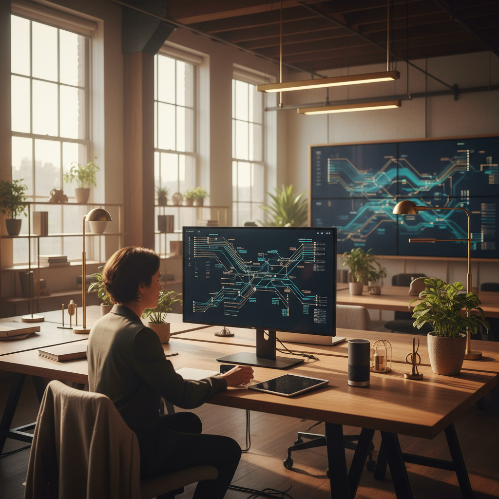 Person studying digital map in modern loft with warm tones, tech tools, and plants.