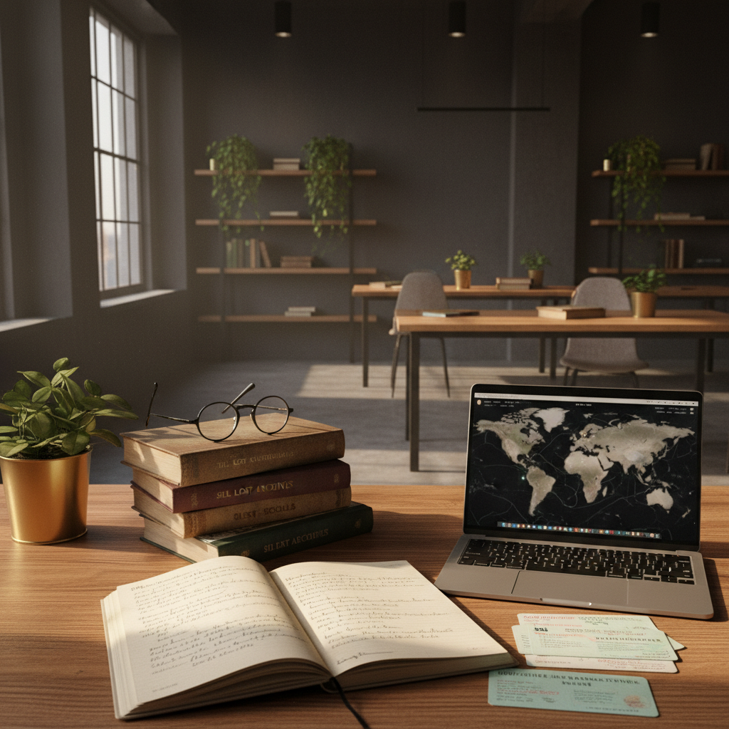 Candid workspace with notebook, laptop, glasses, and books in warm, modern loft setting.