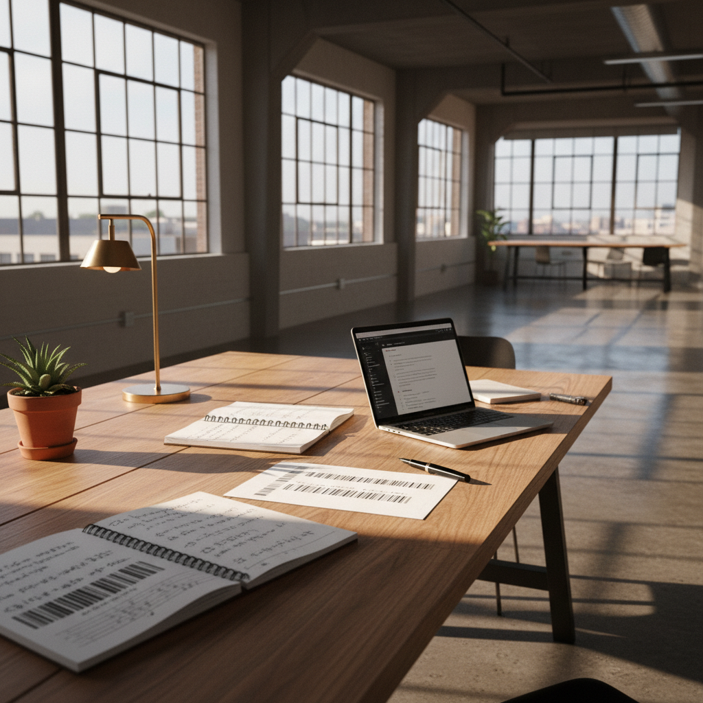 Co-working loft with notebooks, pen, laptop, plant, and desk lamp during golden hour.
