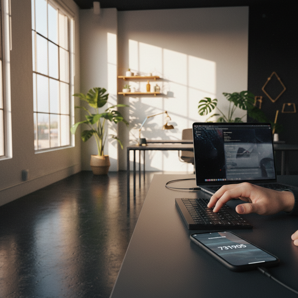 Hands typing on a minimalist keyboard with a glowing code on smartphone in a modern loft.
