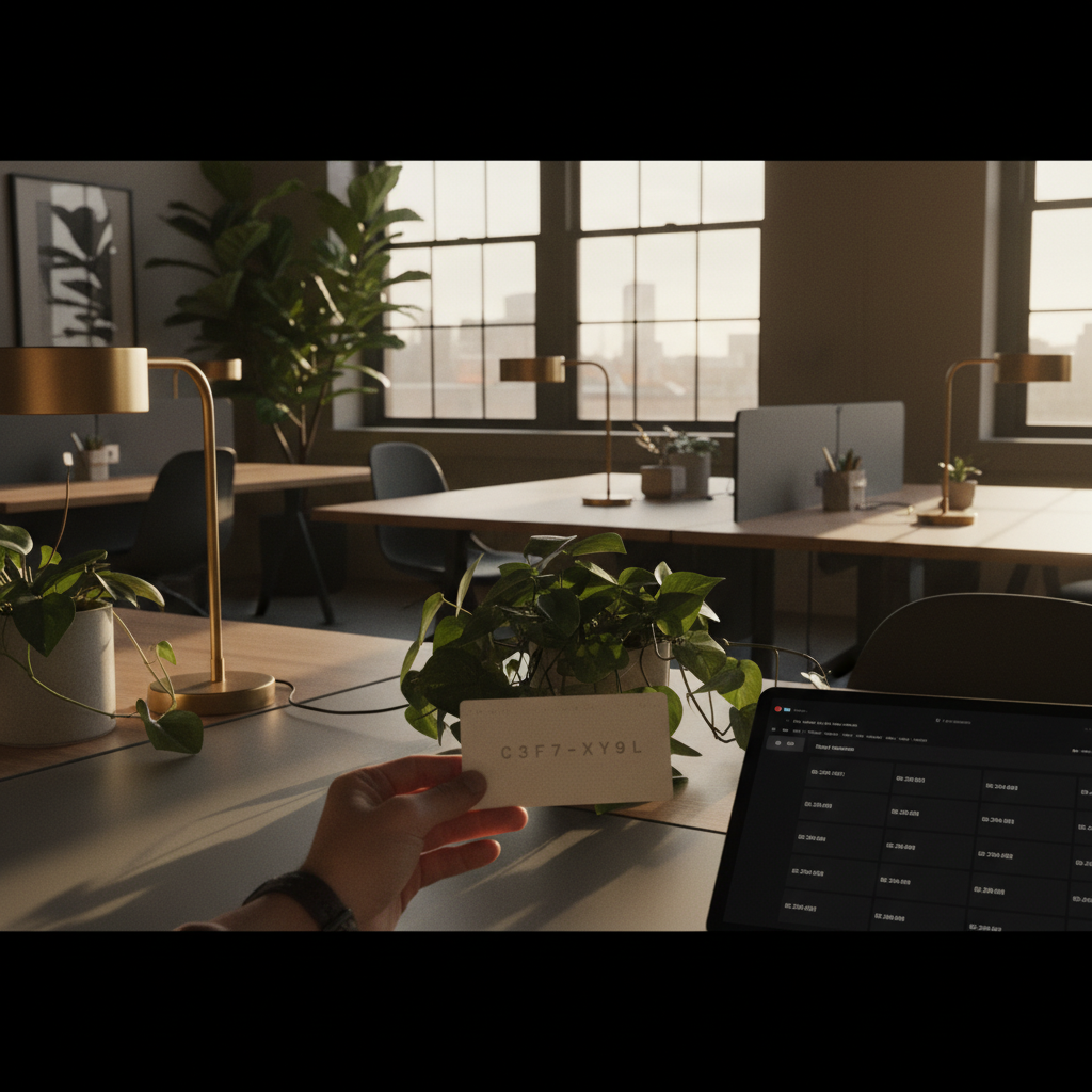 Focused hand holding a minimalist card with embossed code near a tablet displaying ID grid in a modern loft.
