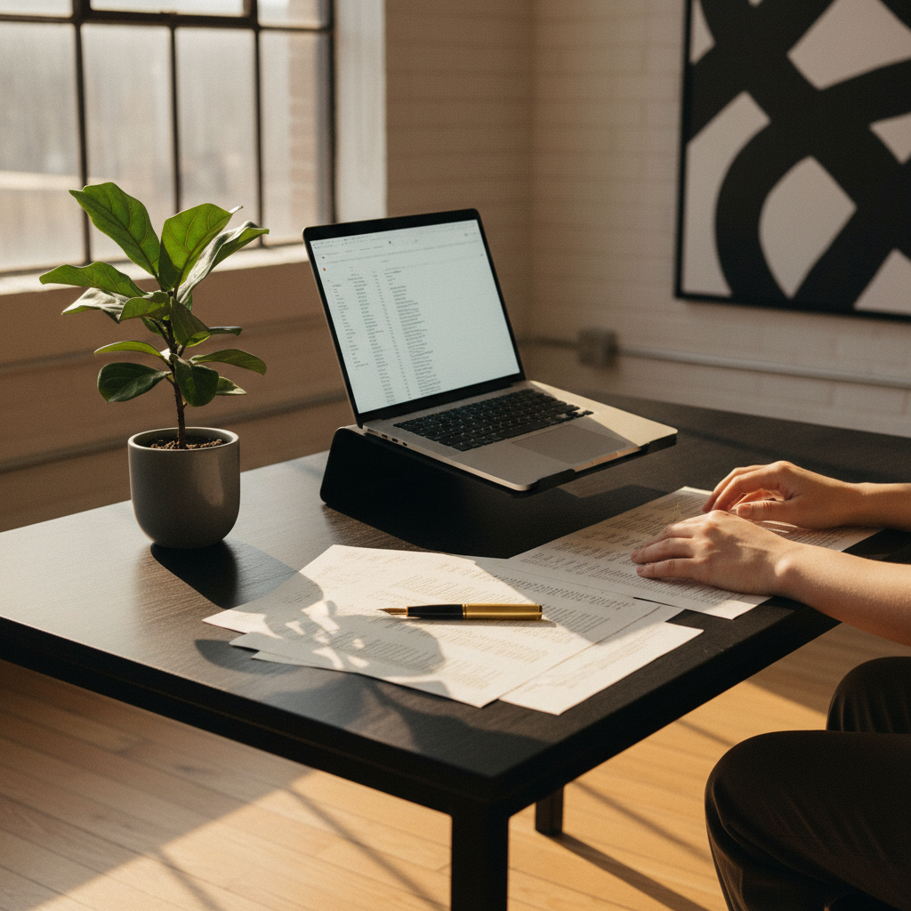 Hands typing on a laptop in a minimalist loft workspace with plants and scattered papers.